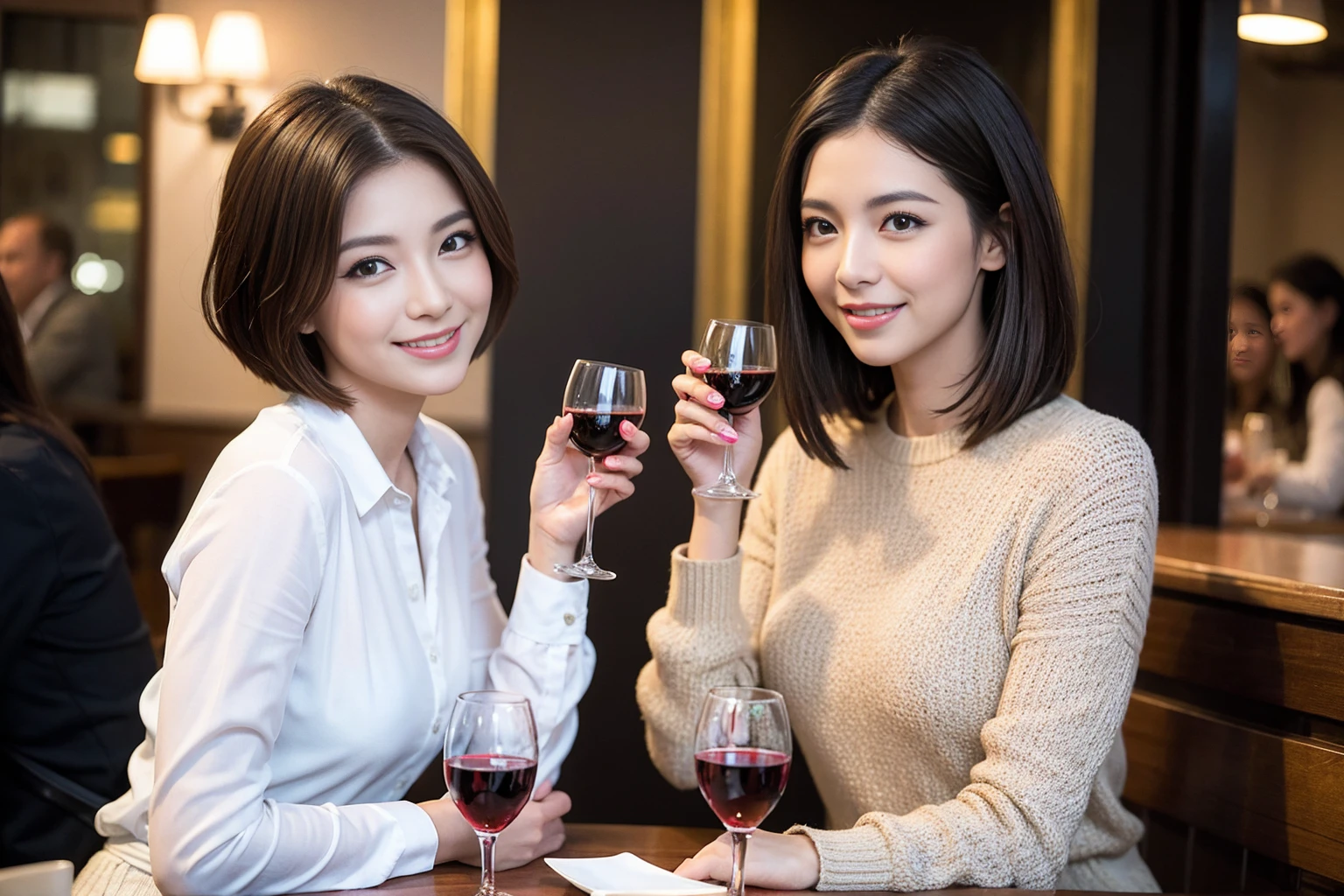 ((highest quality、8k、masterpiece:1.3))、1 male、1 female、spouse、I really like it、Beautiful couple、The body is slim、テーブルの上のwine glass、Facial lighting、full-course dinner、 Amazing view of the sunset sky and clouds、A bright smile、The wonderfulness of smile、Bright image、Beautiful Face, short hair,Bright Face、 (43 years old), 39 years old, red wine 、Appetizers、Italian food、Wine bottle、Champagne、sparkling wine、Two beauties、Brown Hair、Shortcuts、Long sleeve shirt、dress、Pretty Woman 1, (slimな顔), (The body is slim), (Brown Hair), (Shortcuts), cheeks turn a little red,Attractive beauty、restaurant, In a prominent place (From the waist up) Nova Frog Style, actress, model, Upper Body, White wine, slim, wine glass, 中央に置かれたwine glass, smile, (smile: 1.15), Beautiful fine grain, Depth f/2,saturation, High Contrast, Strong light and shadow,Moist Body:1.5、3D texture、Delicate eyes、Brown Hair、The hair is very shiny、