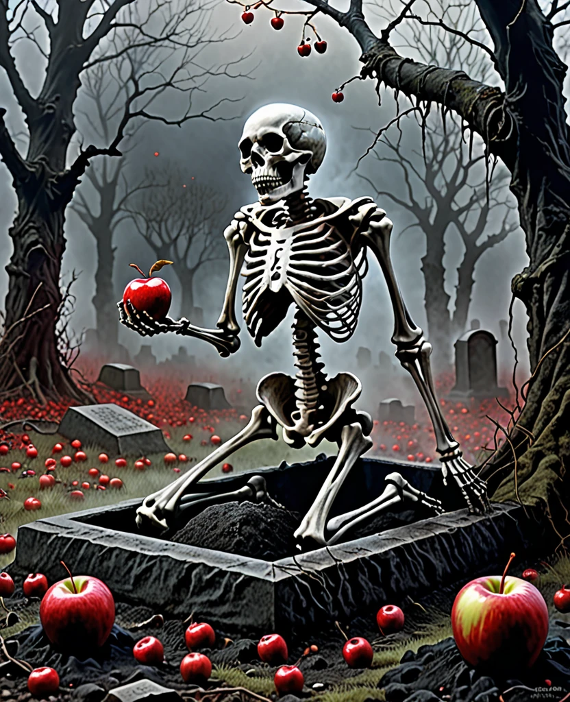 A skeleton crawling out of a grave and reaching for a red apple, wafts of mist drift by, Mystery Art, Fantasy Art, Dark Fantasy