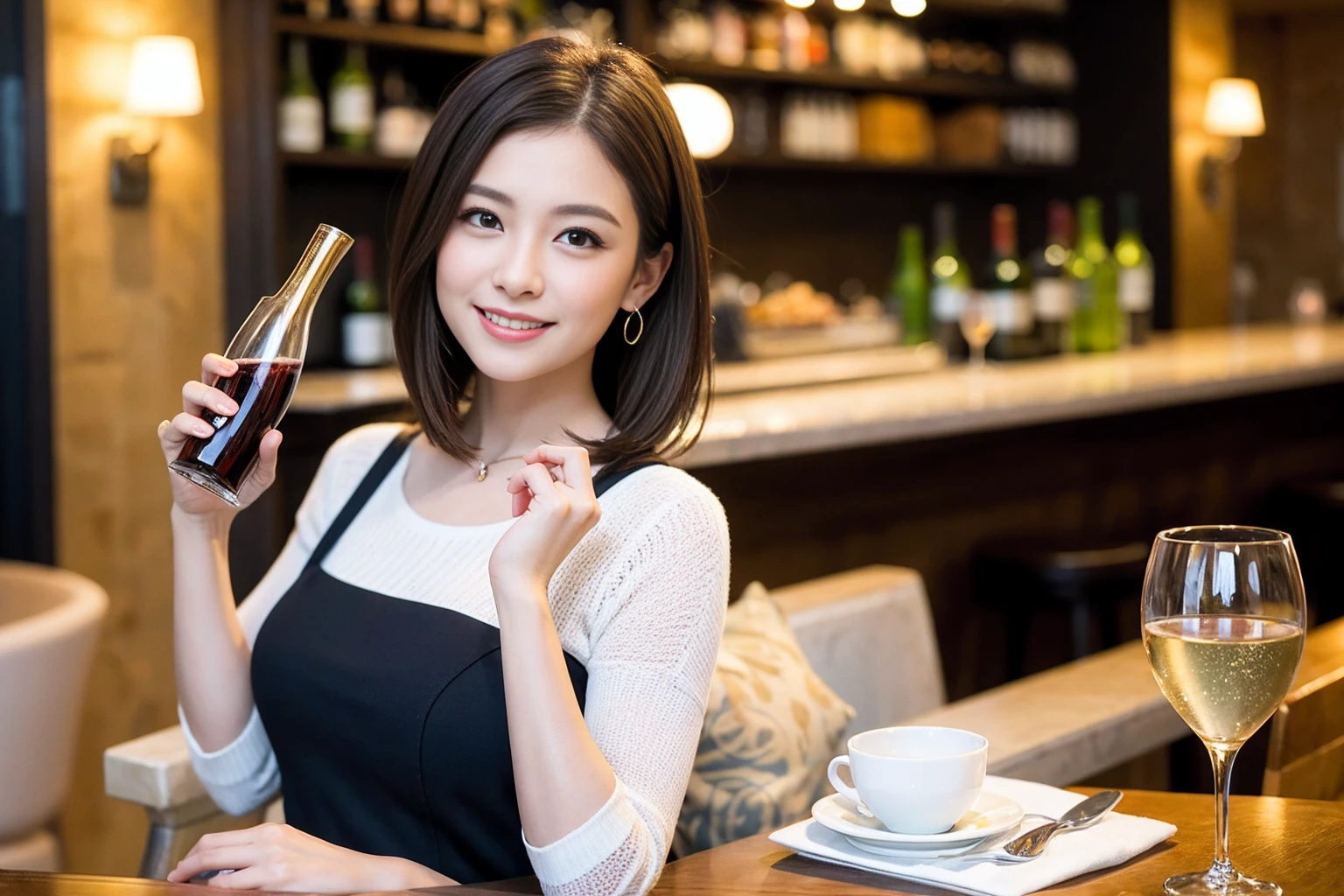 ((highest quality、8k、masterpiece:1.3))、1 male、1 female、spouse、I really like it、Beautiful couple、The body is slim、テーブルの上のwine glass、Facial lighting、full-course dinner、 Amazing view of the sunset sky and clouds、A bright smile、The wonderfulness of smile、Bright image、Beautiful Face, short hair,Bright Face、 (43 years old), 39 years old, red wine 、Appetizers、Italian food、Wine bottle、Champagne、sparkling wine、Two beauties、Brown Hair、Shortcuts、Long sleeve shirt、dress、Pretty Woman 1, (slimな顔), (The body is slim), (Brown Hair), (Shortcuts), cheeks turn a little red,Attractive beauty、restaurant, In a prominent place (From the waist up) Nova Frog Style, actress, model, Upper Body, White wine, slim, wine glass, 中央に置かれたwine glass, smile, (smile: 1.15), Beautiful fine grain, Depth f/2,saturation, High Contrast, Strong light and shadow,Moist Body:1.5、3D texture、Delicate eyes、Brown Hair、The hair is very shiny、