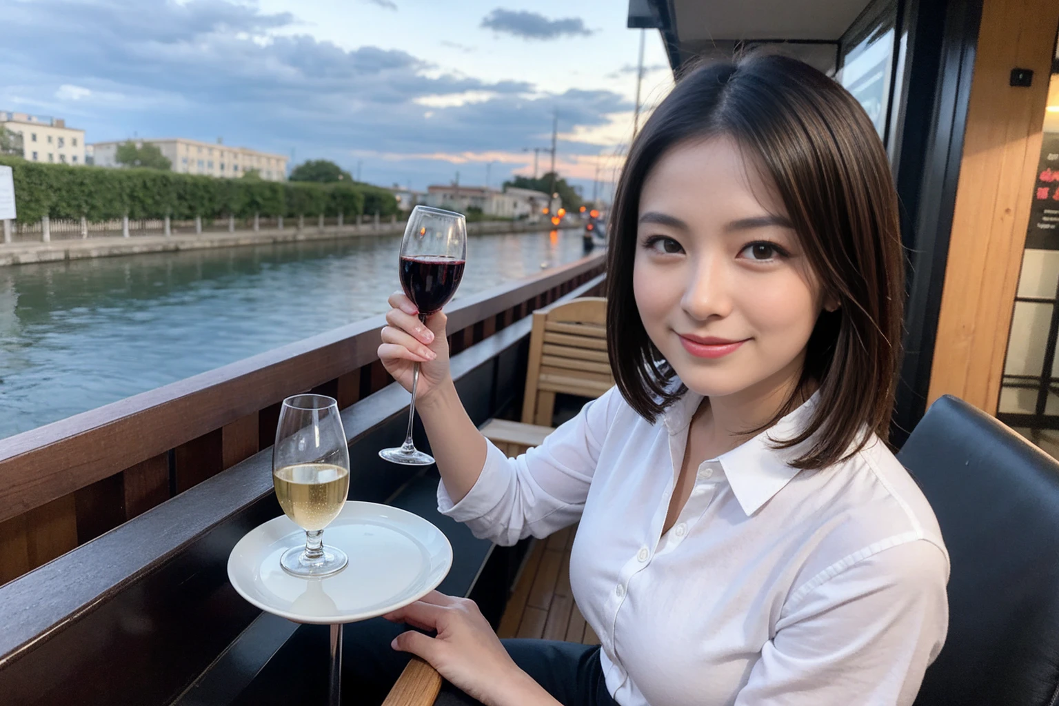 ((highest quality、8k、masterpiece:1.3))、1 male、1 female、spouse、I really like it、Beautiful couple、The body is slim、テーブルの上のwine glass、Facial lighting、full-course dinner、 Amazing view of the sunset sky and clouds、A bright smile、The wonderfulness of smile、Bright image、Beautiful Face, short hair,Bright Face、 (43 years old), 39 years old, red wine 、Appetizers、Italian food、Wine bottle、Champagne、sparkling wine、Two beauties、Brown Hair、Shortcuts、Long sleeve shirt、dress、Pretty Woman 1, (slimな顔), (The body is slim), (Brown Hair), (Shortcuts), cheeks turn a little red,Attractive beauty、restaurant, In a prominent place (From the waist up) Nova Frog Style, actress, model, Upper Body, White wine, slim, wine glass, 中央に置かれたwine glass, smile, (smile: 1.15), Beautiful fine grain, Depth f/2,saturation, High Contrast, Strong light and shadow,Moist Body:1.5、3D texture、Delicate eyes、Brown Hair、The hair is very shiny、