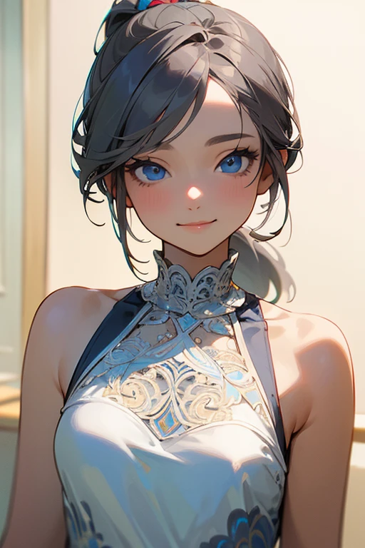 (masterpiece: 1.2, highest quality), (Actual Photos, Intricate details), 1. woman, alone, Upper Body, casual, Shoulder-length hair, Minimal makeup, Natural materials, Face close-up, smile, Home, Gray Hair, blue eyes, Shoulder Bare、ponytail、Swimwear、