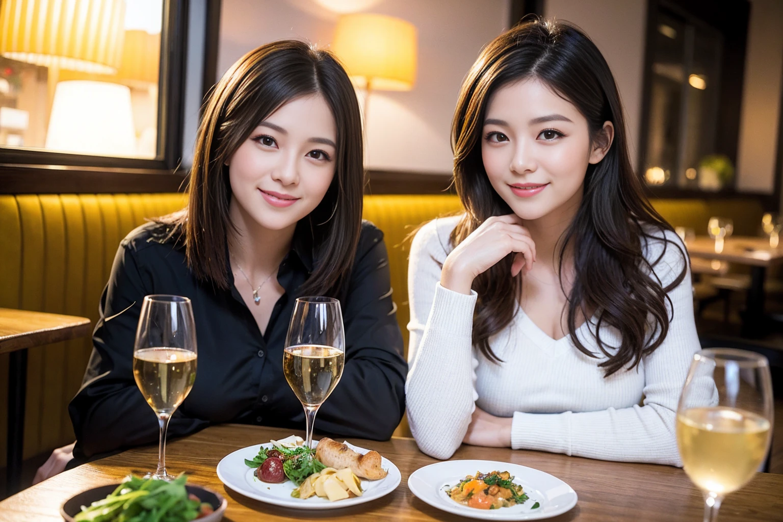 ((highest quality、8k、masterpiece:1.3))、1 male、1 female、spouse、I really like it、Beautiful couple、The body is slim、テーブルの上のwine glass、Facial lighting、full-course dinner、 Amazing view of the sunset sky and clouds、A bright smile、The wonderfulness of smile、Bright image、Beautiful Face, short hair,Bright Face、 (43 years old), 39 years old, red wine 、Appetizers、Italian food、Wine bottle、Champagne、sparkling wine、Two beauties、Brown Hair、Shortcuts、Long sleeve shirt、dress、Pretty Woman 1, (slimな顔), (The body is slim), (Brown Hair), (Shortcuts), cheeks turn a little red,Attractive beauty、restaurant, In a prominent place (From the waist up) Nova Frog Style, actress, model, Upper Body, White wine, slim, wine glass, 中央に置かれたwine glass, smile, (smile: 1.15), Beautiful fine grain, Depth f/2,saturation, High Contrast, Strong light and shadow,Moist Body:1.5、3D texture、Delicate eyes、Brown Hair、The hair is very shiny、