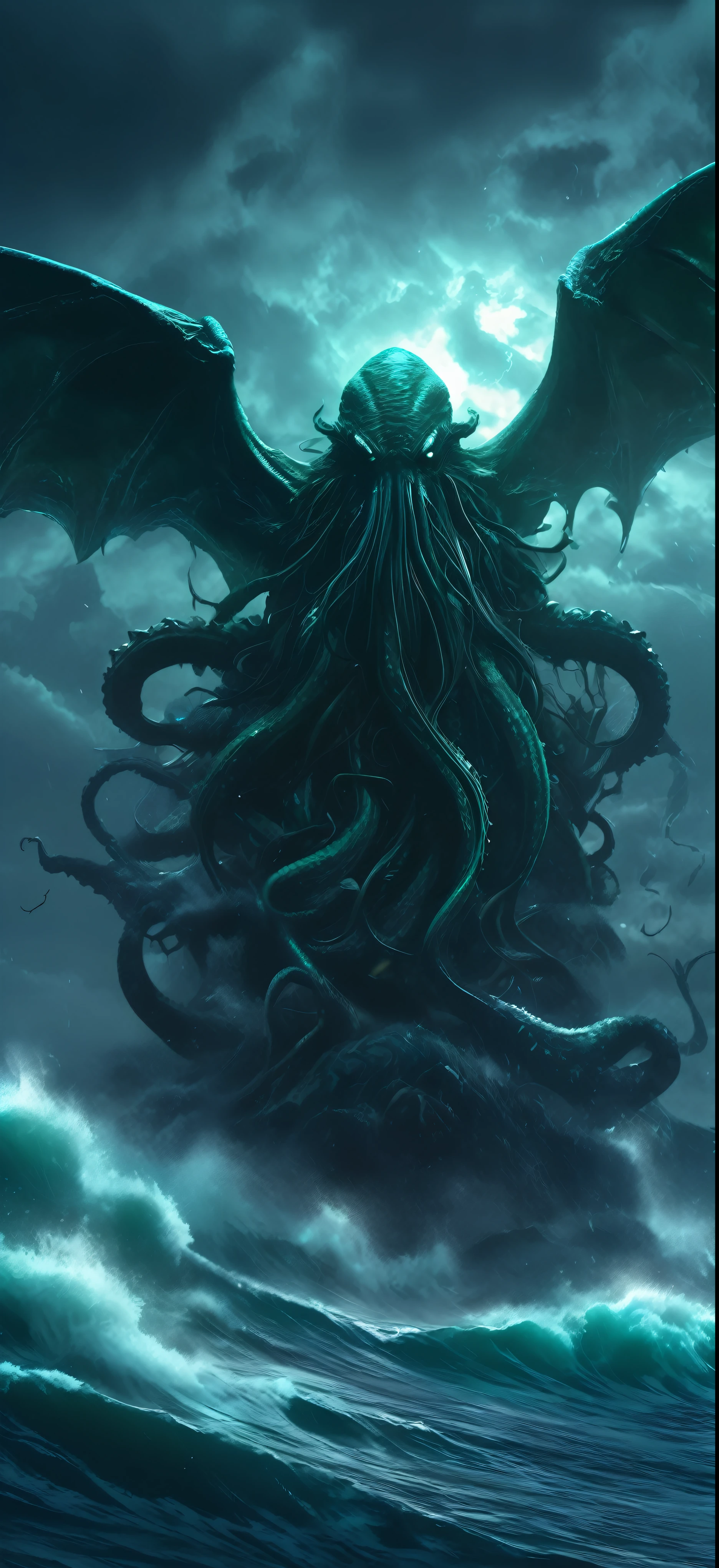 Create a dark, atmospheric scene inspired by the Cthulhu Mythos. The central figure is Cthulhu, a monstrous, otherworldly being with a grotesque, octopus-like head, massive bat-like wings, and long, clawed appendages. Its eyes glow with an eerie, otherworldly light. Cthulhu emerges from the dark, stormy ocean, with enormous waves crashing around it. The sky is filled with dark, swirling clouds and flashes of lightning, casting an ominous glow over the scene. In the background, ancient, cyclopean ruins partially submerged in the ocean can be seen, hinting at an ancient civilization. The overall atmosphere is one of cosmic horror, with a sense of dread and impending doom. The image should be highly detailed, with a focus on creating a sense of scale and terror. Cinematic lighting, 4k resolution.