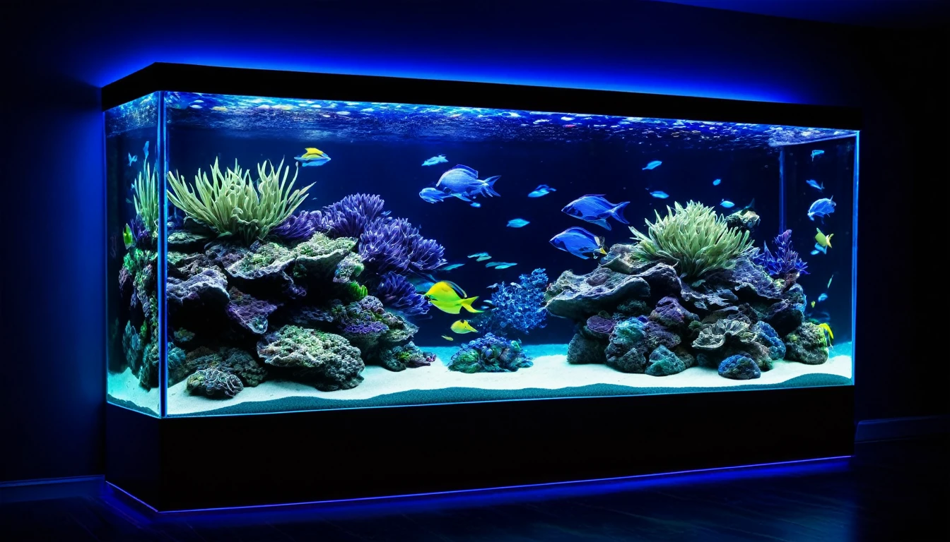 Large Aquarium glass wall illuminating with a blue glow in a dark room, cinematic ultra realistic 8k quality