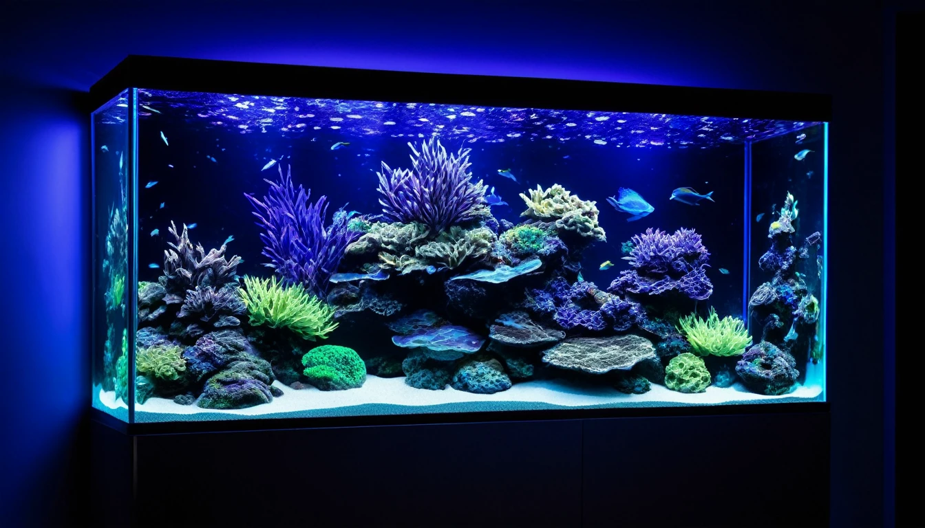 Large Aquarium glass wall illuminating with a blue glow in a dark room, cinematic ultra realistic 8k quality