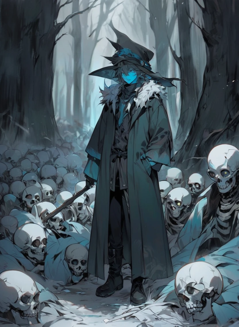 young man ,Male Dark, dark Woods, cold colors, Elf man , Warlock dnd , Skeleton army