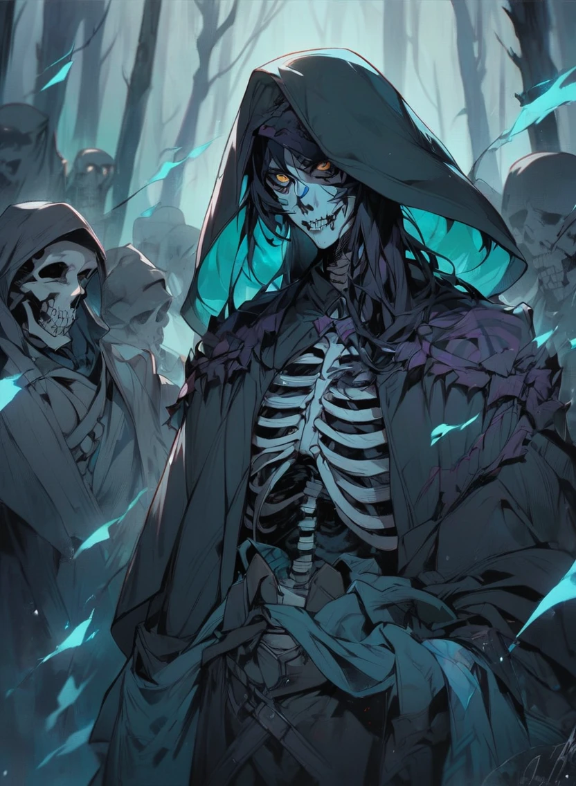 young man ,Male Dark, dark Woods, cold colors, Elf man , Warlock dnd , Skeleton army