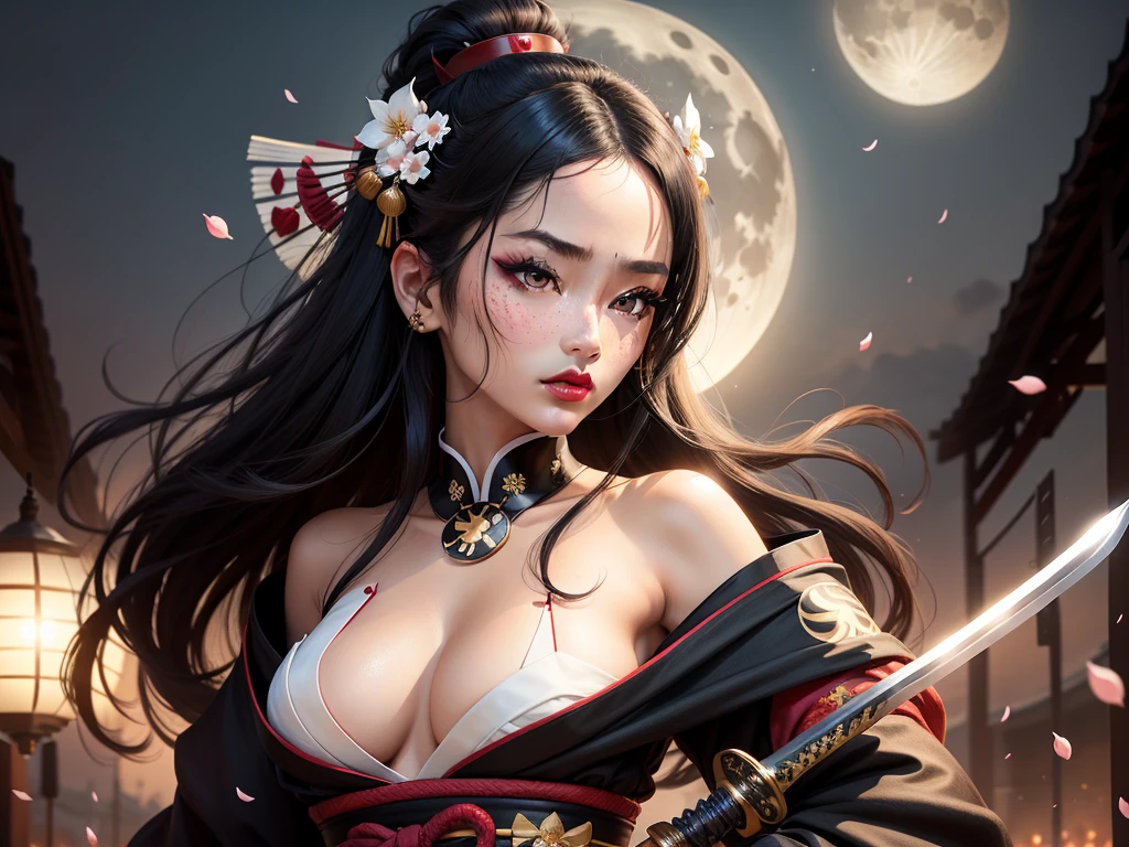 geisha, wear black and gold cross kimono, black hair, bright white moon, dark skin complexion, 4k, almond eyes, big lip, logo, heart shape face, face fuller, sexy hair, red and white cherry blossom on hair, black eyeballs, dark red lipstick, female samurai warrior, swords, face shots, head shots, freckles on the face, up close head face shots, full hair, brown skin tanned, holding sword