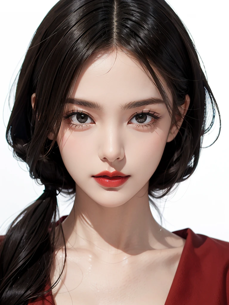 black eyes,looking at viewer, thin lips,Bright red lipstick,