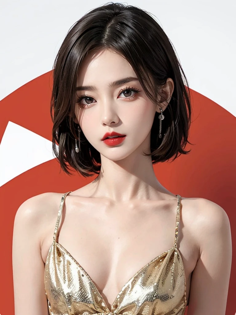 black eyes,looking at viewer, thin lips,Bright red lipstick,