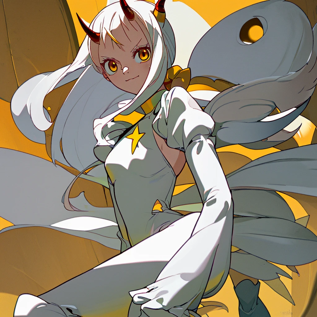 Egg-colored demon girl + Wear a white swimsuit with sleeves + white boots + It has white wings over black on its hips. + Long yellow hair tied up + yellow eyes + There is a small yellow star on the left cheek. + has a white tail + There is a white ribbon. + He has gray-white horns. + Has a black collar + There is a white shawl that leaves the middle. + Wearing red glasses. + holding devil fruit
