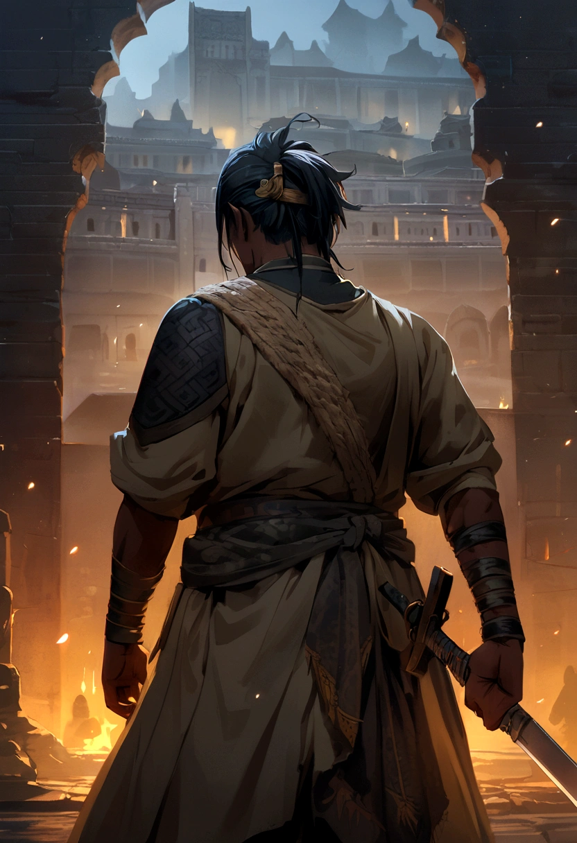 sri lankan warrior,no mask, holding sword, ruined old palace background, clan banner, night environment
