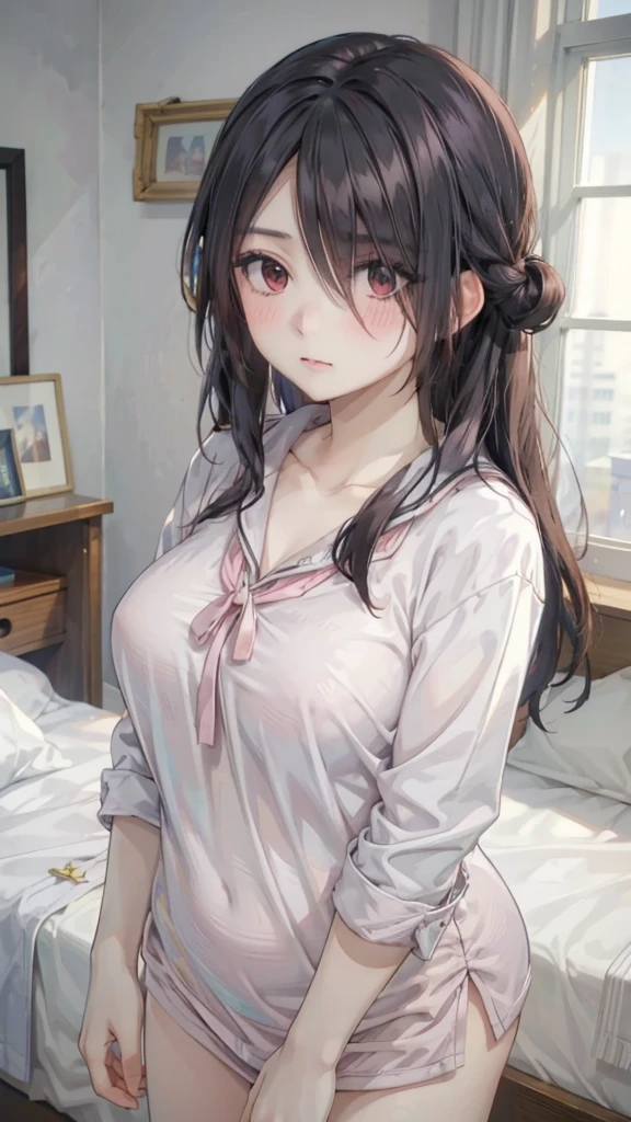 1girl,perfect ,black hair, long hair, (hair over one eye:1.4), messy hair, hair between eyes, plump chubby, brease motif pajama, cute shy blush on , bedroom