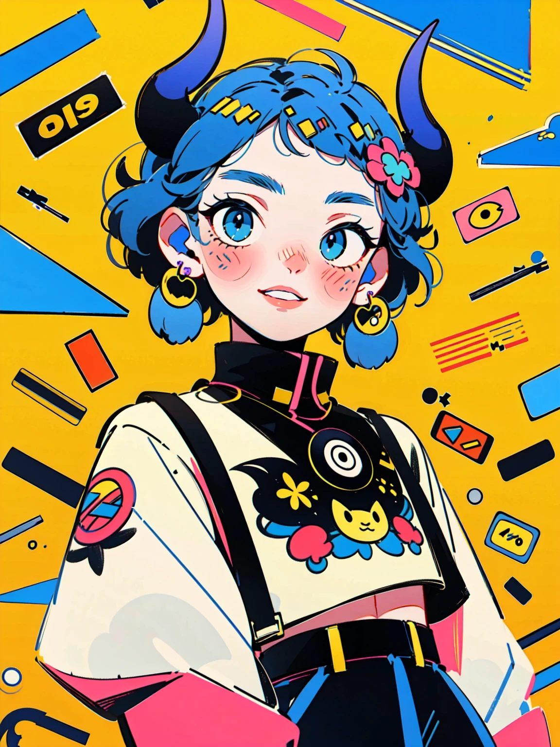 4lb1n0, 1girl, neon green hair, Big eyes, Flower pattern on eyes, Pupil shape, radiant sky blue eyes, cassette tape earrings, parachute pants and crop top, matte peach lips, portrait with cheerful smile, roller rink background, masterpiece, best quality, cut3h0rnstyl3, looking up, horns, (Roller Disco Demon)