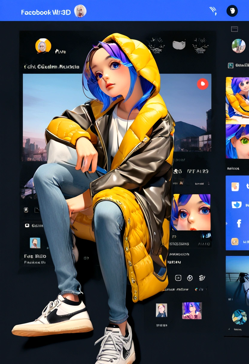 Create a 3D illustration of an animated character sitting casually on top of a social media logo "FACEBOOK". The character must wear casual modern clothing such as jeans jacket and sneakers shoes. The background of the image is a social media profile page with a user name "Gulam Murtaza" and a profile picture that match.