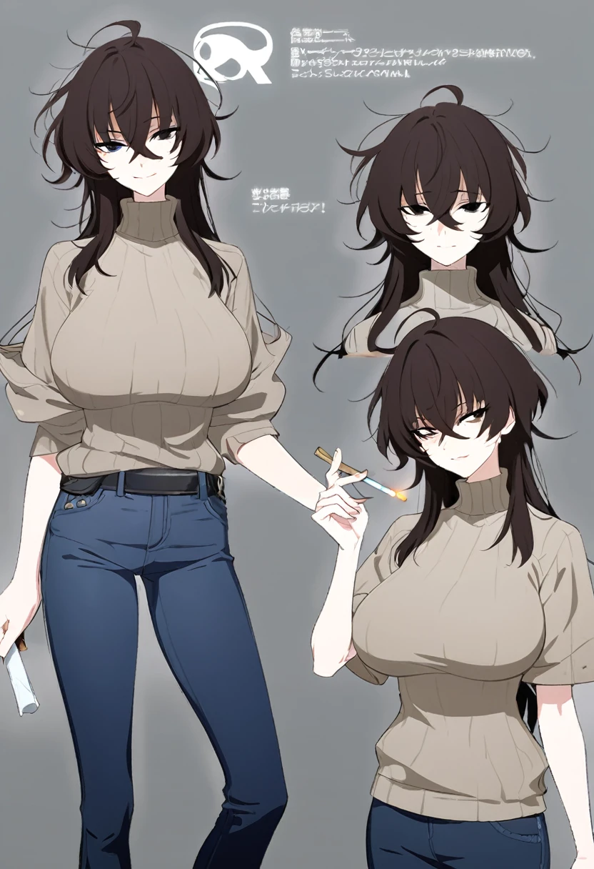 One Woman,Downer,older sister,Concept Art,Dark brown hair,Straight hair with slight inward curls,Staring eyes,Eye Ridge,black eye,Crossed bangs,whole body,smile,Larger breasts,Gray background,Bangs that reach down to the eyes,Messy hair,Perfect dark jeans,Light brown turtleneck sweater,Multiple views of the same character,Character Design,Dark circles under the eyes,Bad look,Listless,Sloppy,accessories,Cafe staff,Holding a cigarette,whole bodyCharacter Design,Detailed hands,Height: 170cm,