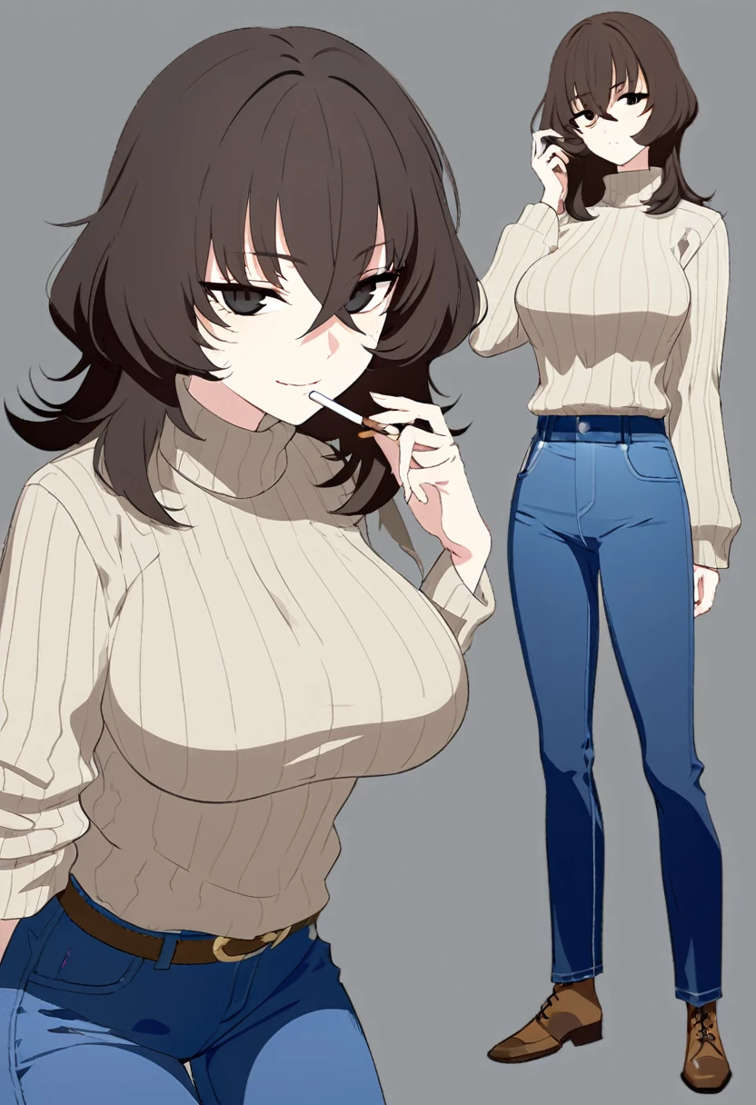 One Woman,Downer,older sister,Concept Art,Dark brown hair,Straight hair with slight inward curls,Staring eyes,Eye Ridge,black eye,Crossed bangs,whole body,smile,Larger breasts,Gray background,Bangs that reach down to the eyes,Messy hair,Perfect dark jeans,Light brown turtleneck sweater,Multiple views of the same character,Character Design,Dark circles under the eyes,Bad look,Listless,Sloppy,accessories,Cafe staff,Holding a cigarette,whole bodyCharacter Design,Detailed hands,Height: 170cm,