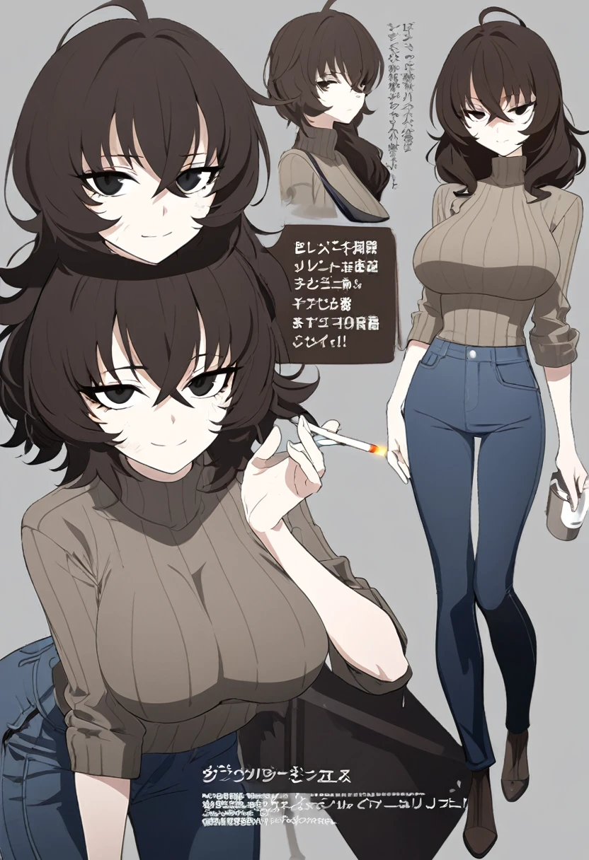 One Woman,Downer,older sister,Concept Art,Dark brown hair,Straight hair with slight inward curls,Staring eyes,Eye Ridge,black eye,Crossed bangs,whole body,smile,Larger breasts,Gray background,Bangs that reach down to the eyes,Messy hair,Perfect dark jeans,Light brown turtleneck sweater,Multiple views of the same character,Character Design,Dark circles under the eyes,Bad look,Listless,Sloppy,accessories,Cafe staff,Holding a cigarette,whole bodyCharacter Design,Detailed hands,Height: 170cm,