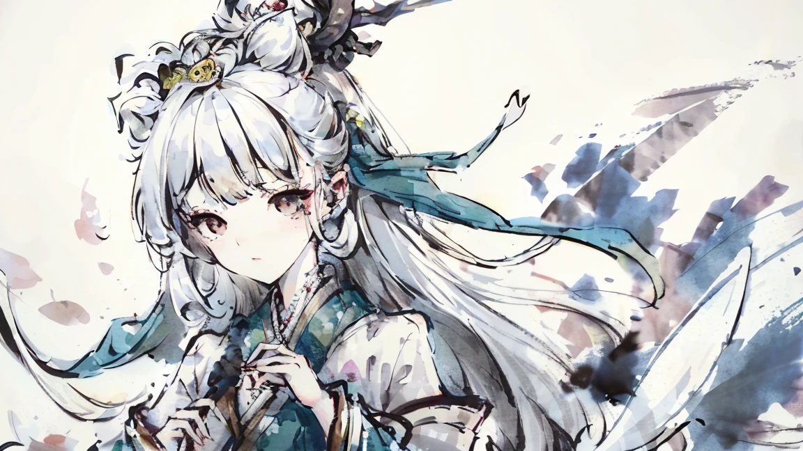 ((4K, masterpiece, highest quality)), Shui Mobisim, Chinese painting, Lotus flowers around: 1.5, Hanfu, Maxi Kit, 1 modestly dressed girl, Holding a lotus in hand, alone, white hair, Long Hair, The presence of obvious horns on the head, white, , Looking at the audience, Provocative