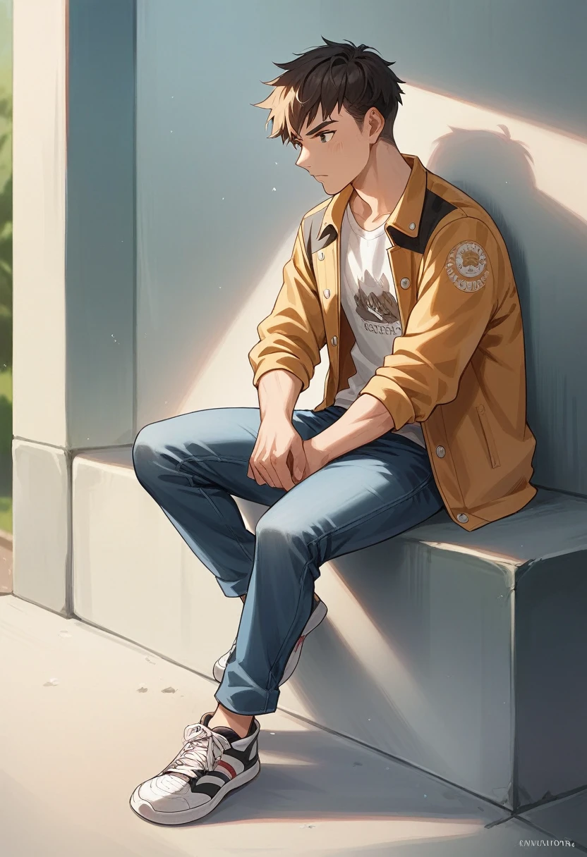 Create a 3D illustration of an animated character sitting casually on top of a social media logo "FACEBOOK". The character must wear casual modern clothing such as jeans jacket and sneakers shoes. The background of the image is a social media profile page with a user name "Gulam Murtaza " and a profile picture that match.