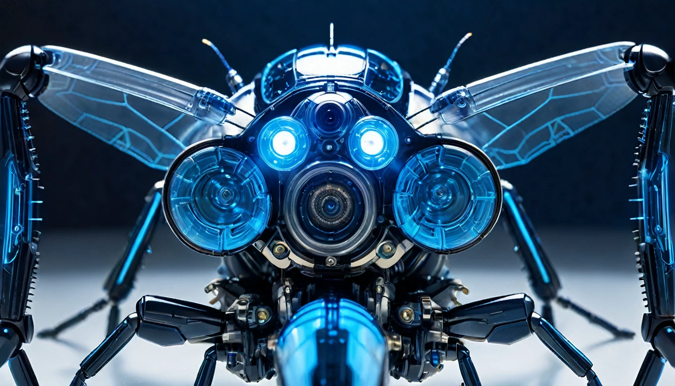 The future of macro photography for insects, Demonstrate complex mechanical parts,With glowing blue decoration, Composition of the whole body, High-tech schematic background, Under soft studio lighting, Photographed from top to bottom, On a Canon EOS 5D Mark IV with a 100mm macro lens, syd mead style.close up