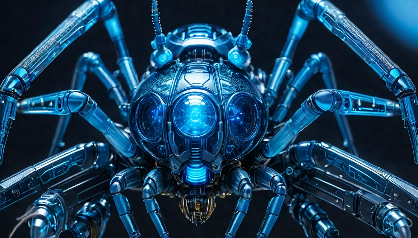 The future of macro photography for insects, Demonstrate complex mechanical parts,With glowing blue decoration, Composition of the whole body, High-tech schematic background, Under soft studio lighting, Photographed from top to bottom, On a Canon EOS 5D Mark IV with a 100mm macro lens, syd mead style.close up