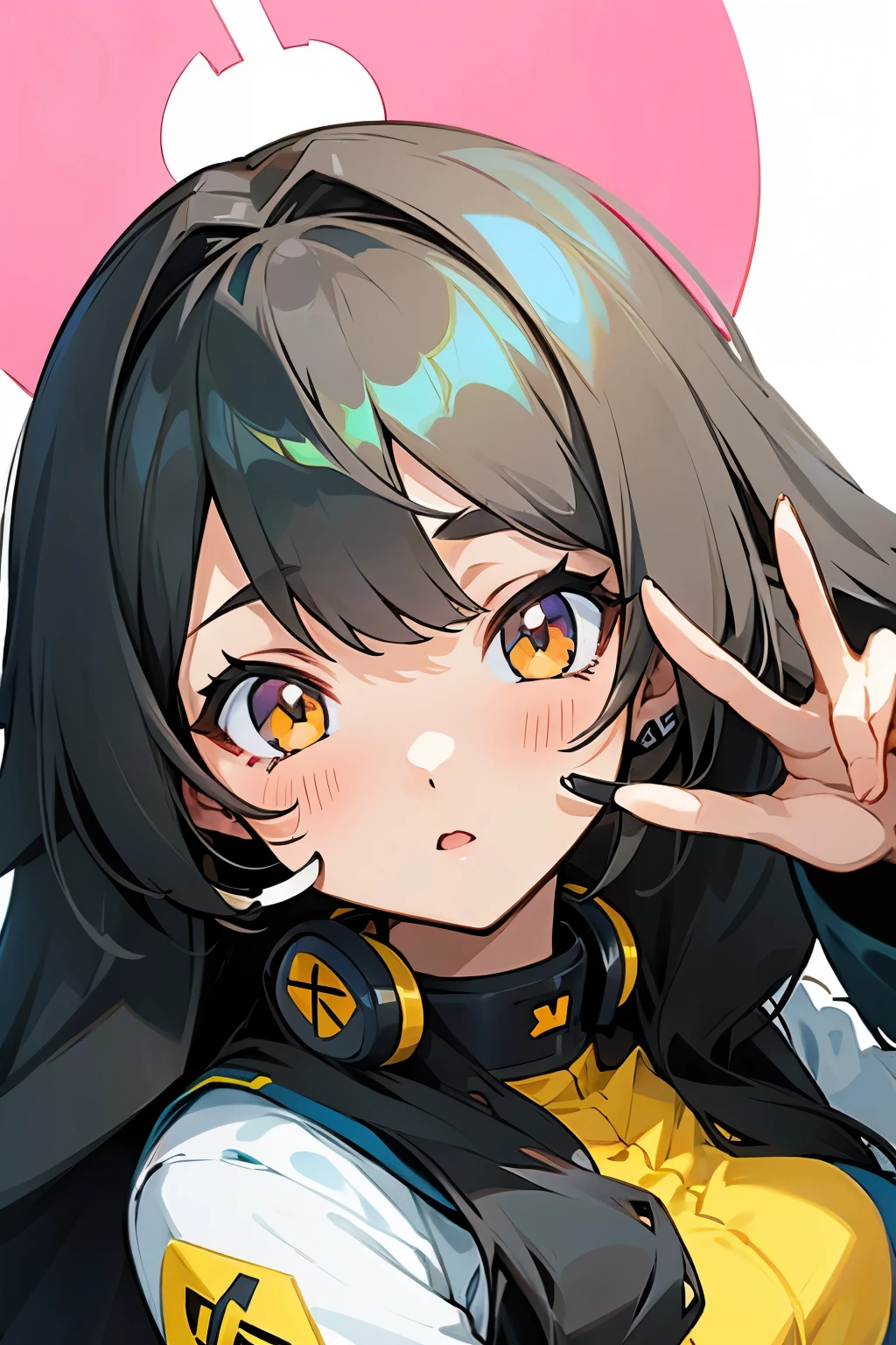 cute anime girl - long black hair - grey headset - closeup shot - pretty brown eyes - peace sign on hand resting on cheek 