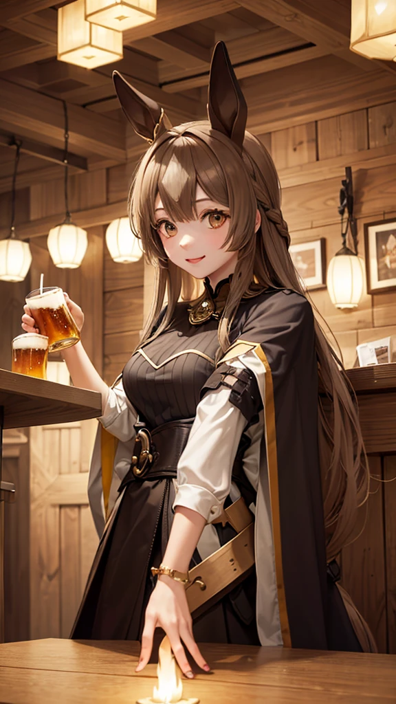 As the night progresses、１６In a medieval tavern、Around the table、The inside of the shop is lit by lanterns.、Among the men enthusiastically drinking beer in celebration of their victory、A beautiful girl sitting in the front seat, smiling with a beer in her hand、Her hair is golden、The protective gear must cover the breasts.、With a dagger at his waist、The long sword is placed next to the chair.、Wear a great outfit、Under the gaze of men、A girl who looks good with a smile is one of the heroes。Medieval period。