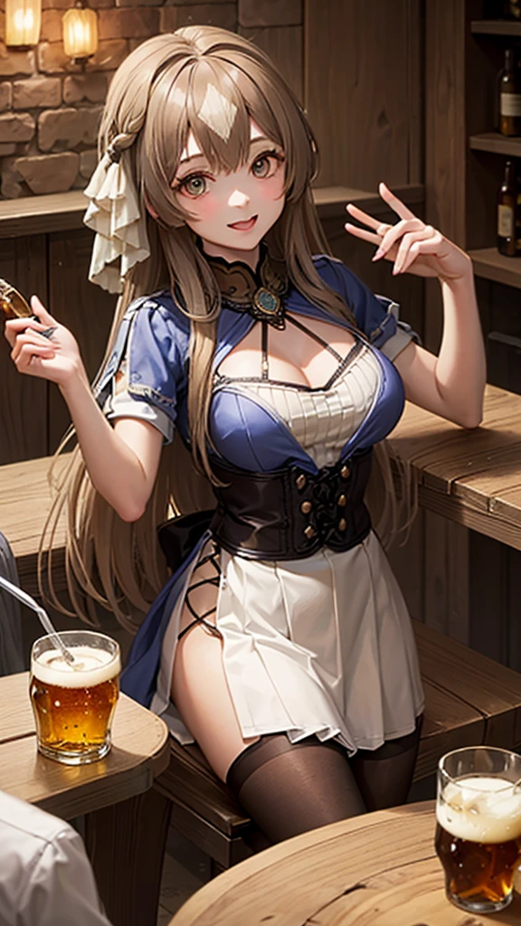 As the night progresses、16In a medieval tavern、Around the table、The inside of the shop is lit by lanterns.、Among the men enthusiastically drinking beer in celebration of their victory、A beautiful girl sitting in the front seat, smiling with a beer in her hand、Her hair is golden、The protective gear must cover the breasts.、With a dagger at his waist、The long sword is placed next to the chair.、Wear a great outfit、Under the gaze of men、A girl who looks good with a smile is one of the heroes。Medieval period。