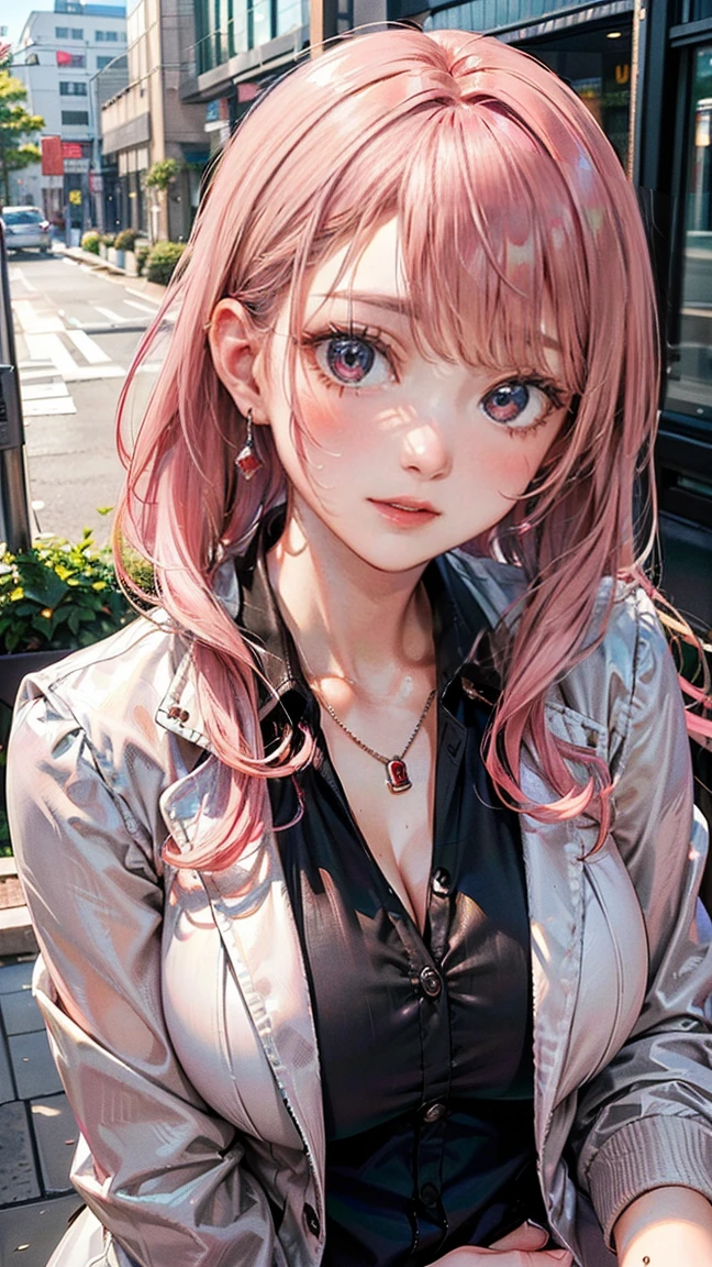 (Masterpiece, BestQuality:1.3), (ultra detailed:1.2), (hyperrealistic:1.3), (RAW photo:1.2), High detail RAW color photo, professional photograph, (Photorealistic:1.4), (realistic:1.4), professional lighting, perfect anatomy, (Big Breasts:1.2), (blush, detailed face), (cheerful Smile:1.5), Trending Hair&Trending Hairカラーをランダムに, earrings, necklace, bracelet, sexy, erotic sexy, Random sexy gravure poses, (A beautiful pink-haired woman wearing chic black high heels, a jacket and a miling in front of an office building。She has a professional smile。:1.3)