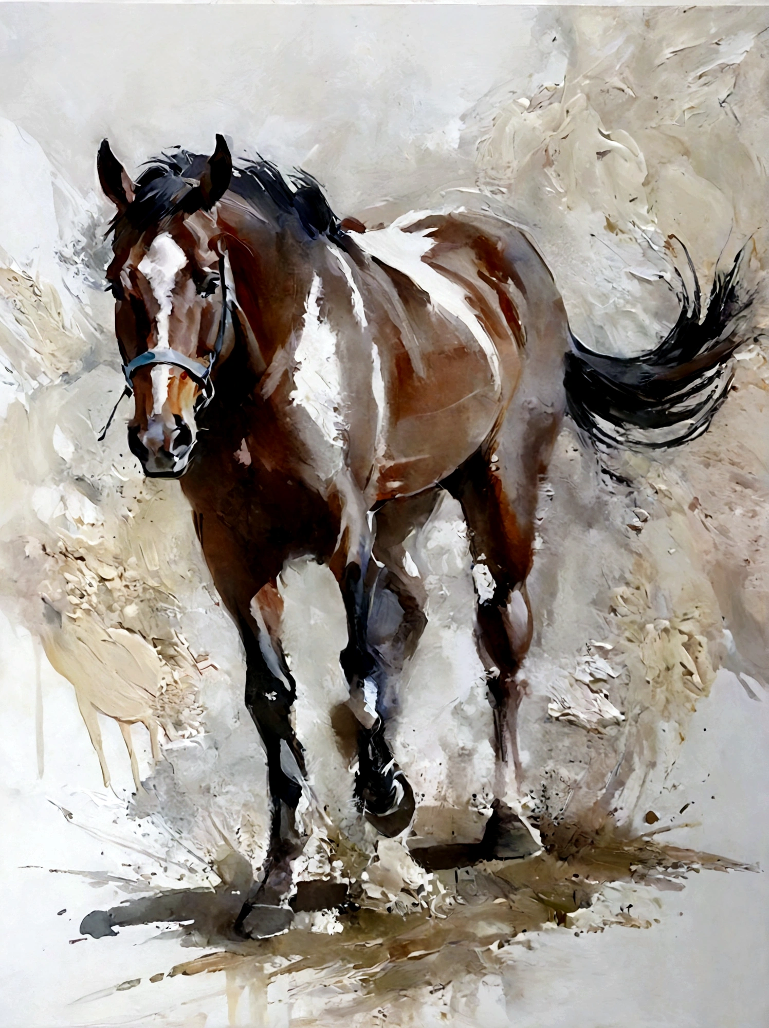 Colored portrait of a running horse，vanilla，bright，White background，real，emotion，Thick textured paint, 