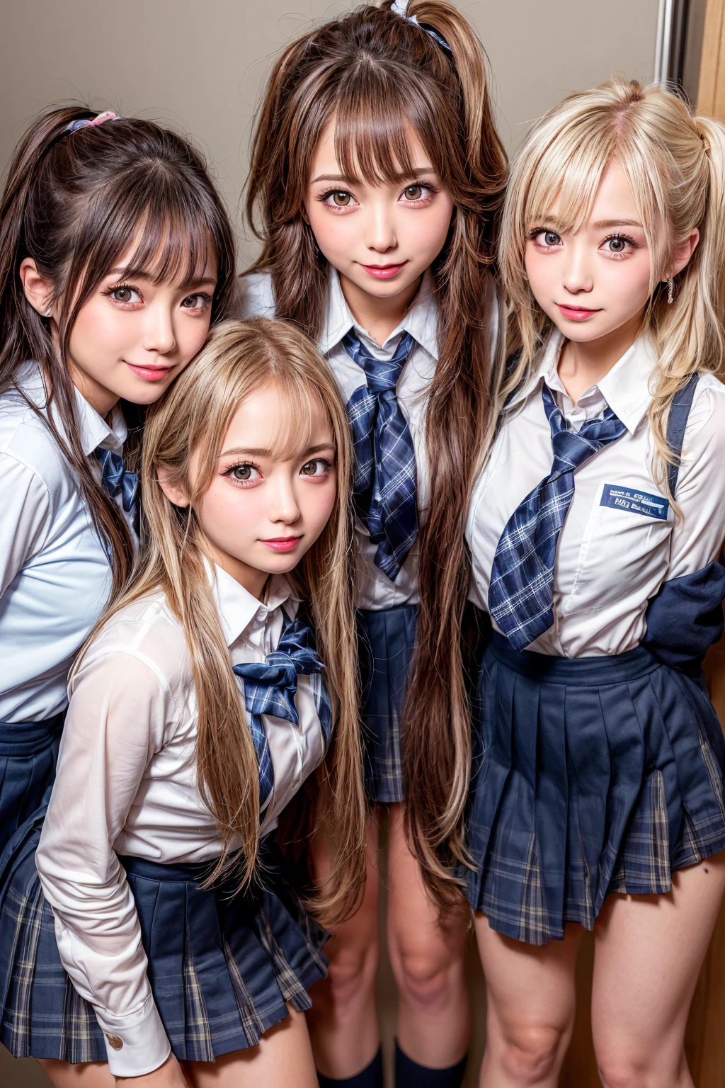 nude,フルnude,Browsing Caution, ((masterpiece)), ((highest quality)), (Very detailed), ((cute)), cute, (Multi-point), ((sexy)), (device), ((Very detailed)), 4K, (8k), highest quality, (beautiful), hyper cute face, shape, Anime Style,hyper Genuineistic, Genuine, Dynamic Angle, ((whole body)), close, Thick outline, Clear contours, at school, (Three Girls, 3 cute girls:1.5), (Schoolgirl uniform :1.5), beautiful light brown hair, beautiful brown eyes, ((beautiful eyes)), (Leaning forward:1.5), short hair, Big Breasts, smile