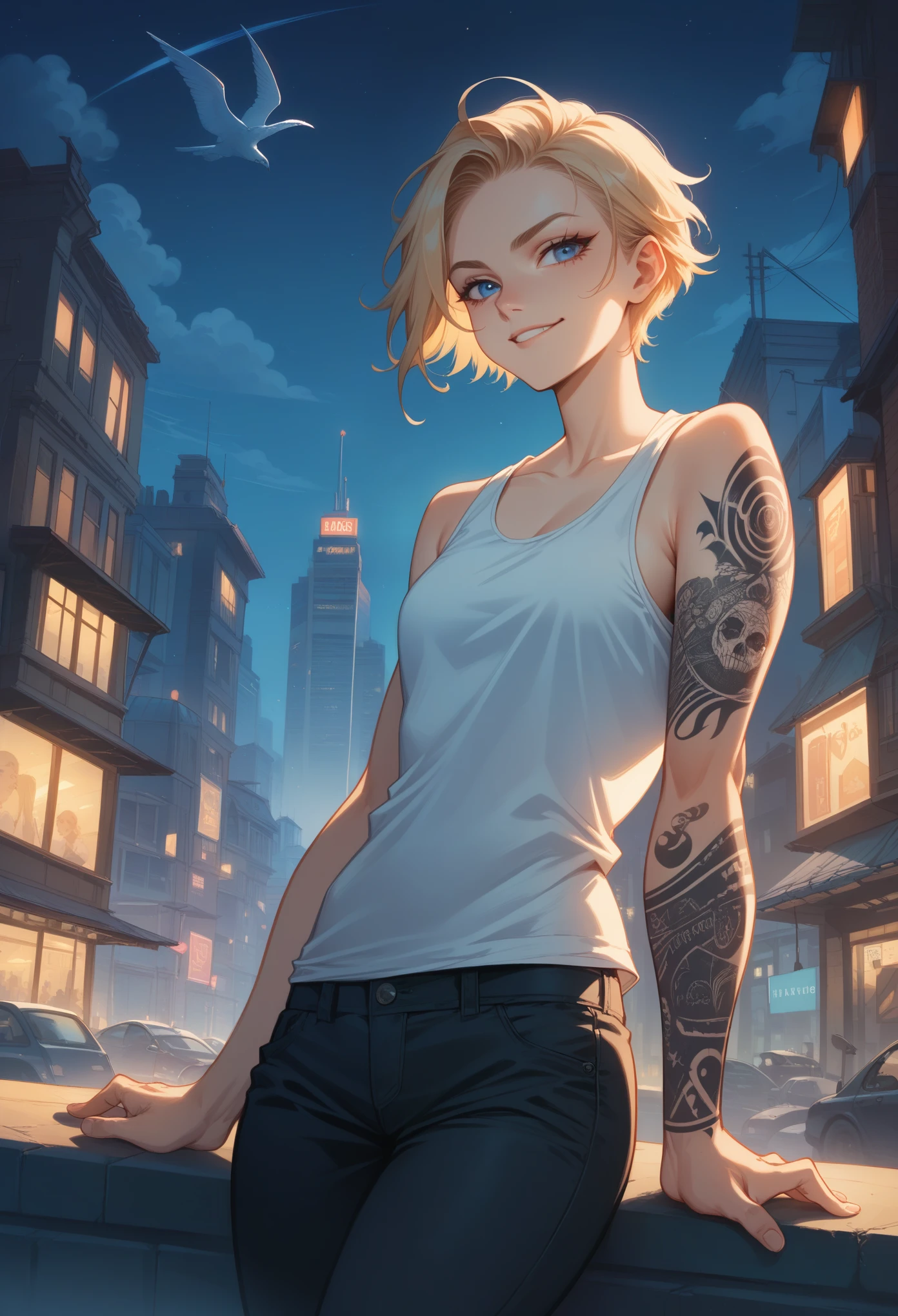 young girl short hair, blond hair, high faux hawk haircut, blue eyes, tattoed arm with thunders, black thunder tattoos, tank top white shirt, black letter pants, on a city, in one storm, night, thunders in the sky,   provocative smirk, sultry look, seductive,  smirk, , inviting smile, 