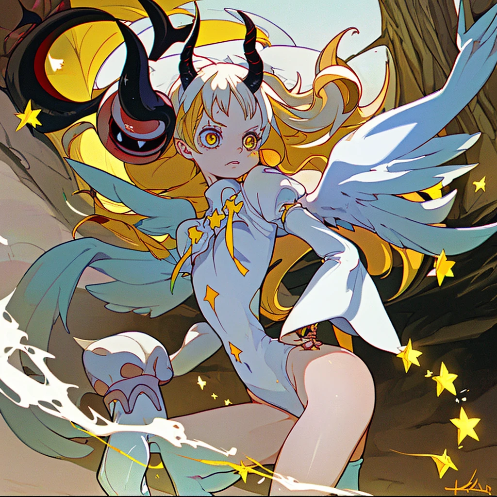 Egg-colored demon girl + Wear a white swimsuit with sleeves + white boots + It has white wings over black on its hips. + Long yellow hair tied up + yellow eyes + There is a small yellow star on the left cheek. + has a white tail + There is a white ribbon. + He has gray-white horns. + Has a black collar + There is a white shawl that leaves the middle. + Wearing red glasses. + holding devil fruit
