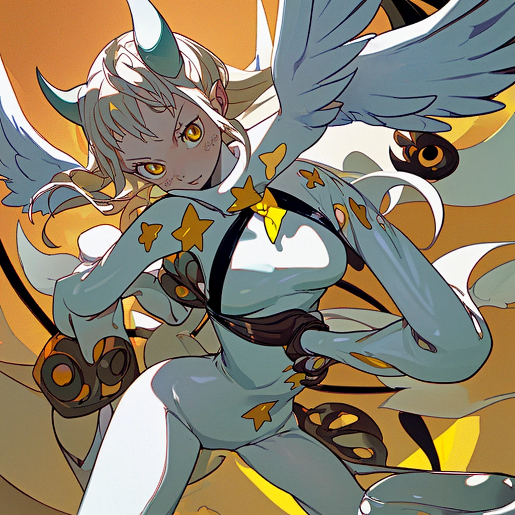 Egg-colored demon girl + Wear a white swimsuit with sleeves + white boots + It has white wings over black on its hips. + Long yellow hair tied up + yellow eyes + There is a small yellow star on the left cheek. + has a white tail + There is a white ribbon. + He has gray-white horns. + Has a black collar + There is a white shawl that leaves the middle. + Wearing red glasses. + holding devil fruit