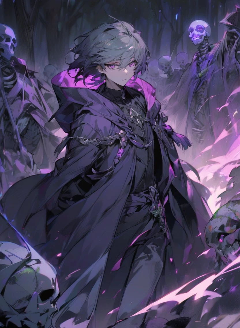 young man ,Male Dark, dark Woods, cold colors, Elf with puple eye, Warlock dnd , Skeleton army in background
