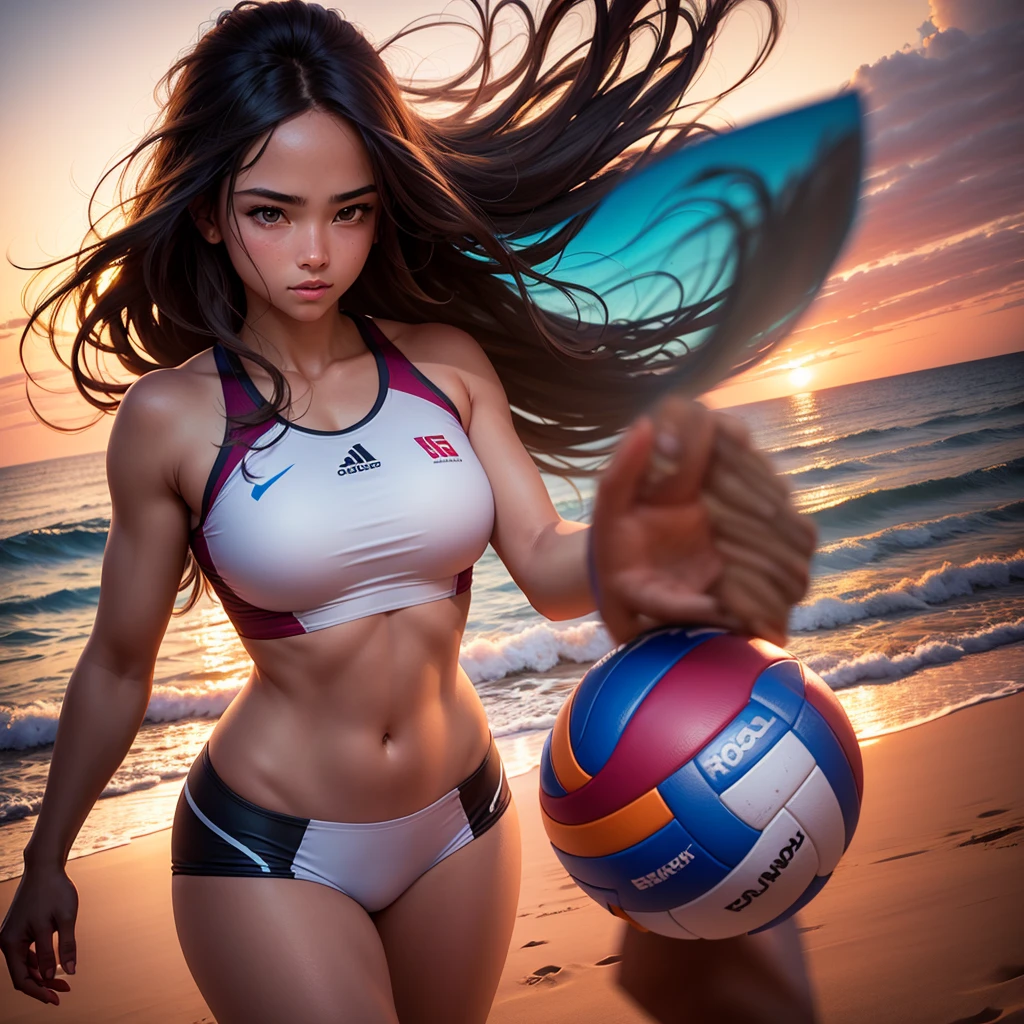 a beautiful girl playing volleyball on a beach, detailed facial features, long hair, athletic body, beach background, sand, ocean waves, sunset sky, vibrant colors, highly detailed, photorealistic, 4k, sharp focus, professional photography