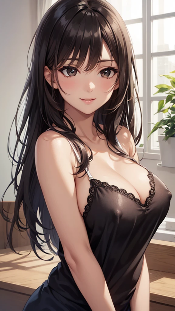 (Upper Body),alone,Medium Shot,masterpiece,Portraiture, 8k,Realistic, Elegant mature woman, Brown eyes, (Black Hair:1.4), smile,Big Breasts,Transparent camisole, Beautiful breasts,See-through nipples, 4K resolution, High quality CG, Beautiful CG, Soft Light