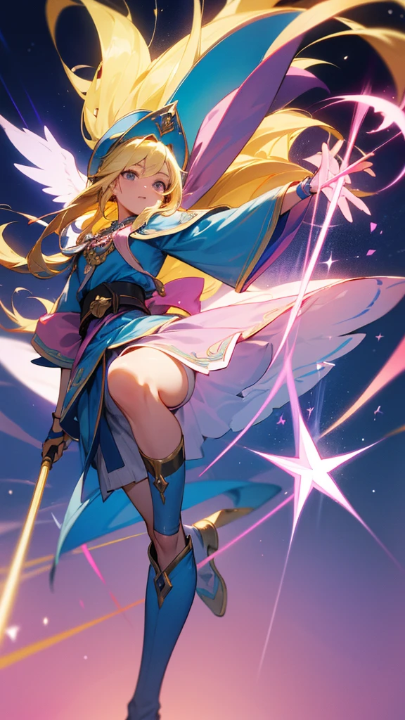 A blonde girl with shoulder-length hair flowing in the wind, wearing a blue mage robe with pink trim and ribbons, a large bent blue hat with pink decorations, knee-high blue boots with pink trim, blue gloves, a pentagram pendant at her chest, and a gold belt at her waist. She holds a magic staff in her right hand, emitting light from the tip, and is in a dynamic jumping pose with her left leg forward. The background is vibrant with sparkling light effects, creating a mystical, magical atmosphere.