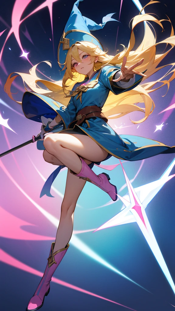A blonde girl with shoulder-length hair flowing in the wind, wearing a blue mage robe with pink trim and ribbons, a large bent blue hat with pink decorations, knee-high blue boots with pink trim, blue gloves, a pentagram pendant at her chest, and a gold belt at her waist. She holds a magic staff in her right hand, emitting light from the tip, and is in a dynamic jumping pose with her left leg forward. The background is vibrant with sparkling light effects, creating a mystical, magical atmosphere.