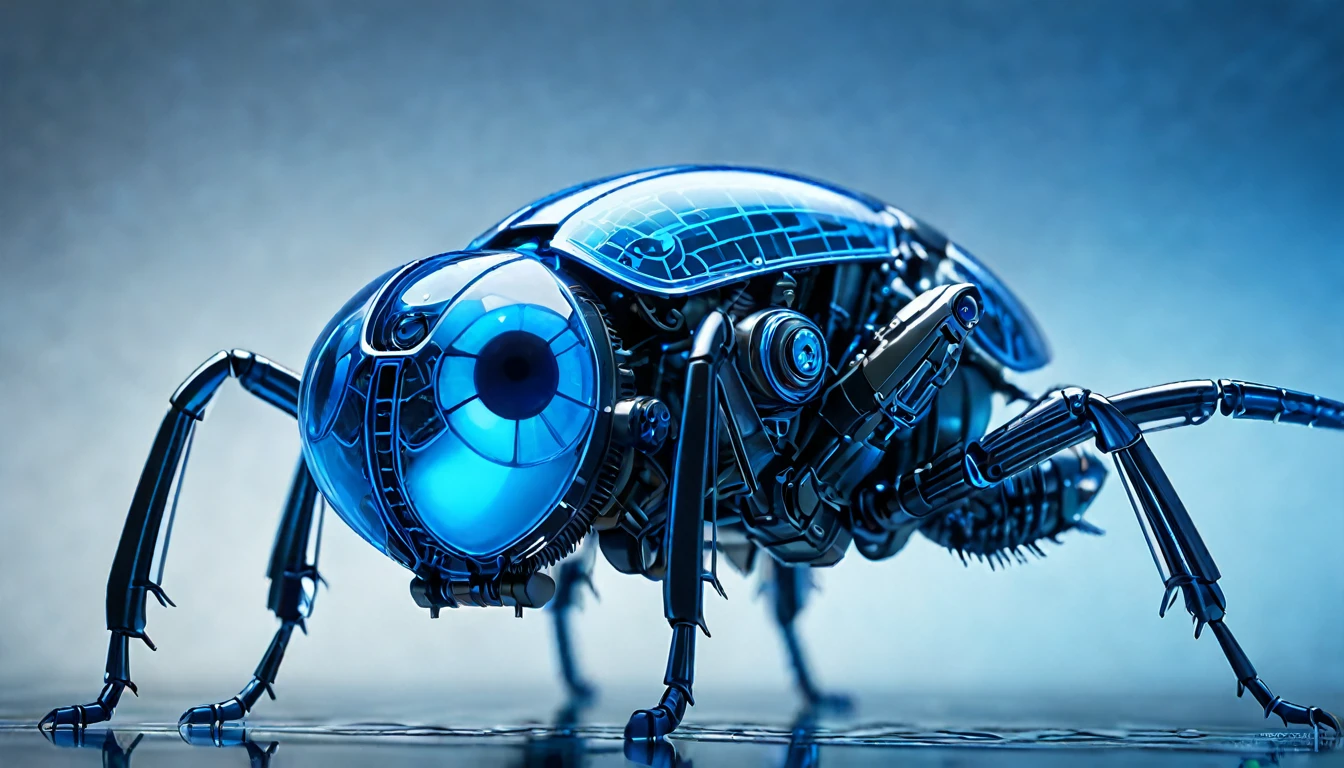The future of macro photography for insects, Demonstrate complex mechanical parts,With glowing blue decoration, Composition of the whole body, High-tech schematic background, Under soft studio lighting, Photographed from top to bottom, On a Canon EOS 5D Mark IV with a 100mm macro lens, syd mead style.close up
