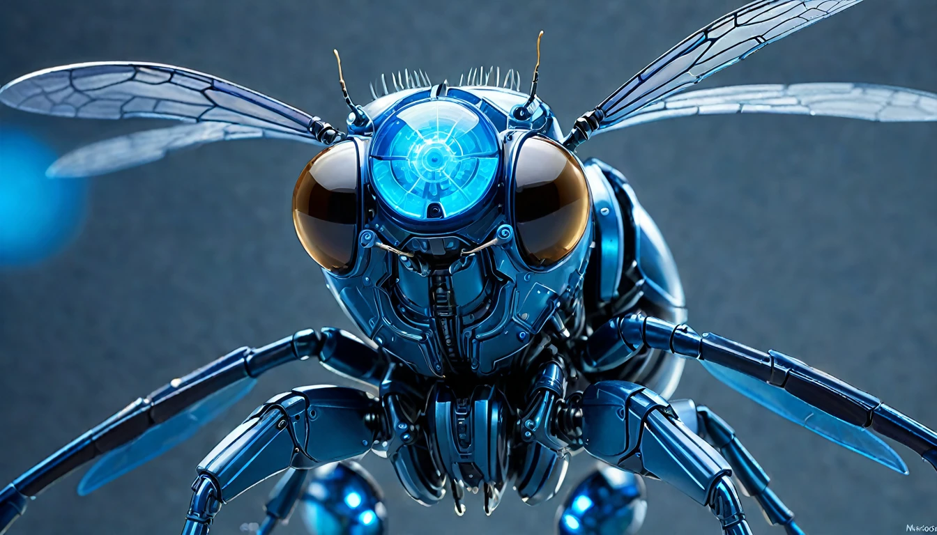 The future of macro photography for insects, Demonstrate complex mechanical parts,With glowing blue decoration, Composition of the whole body, High-tech schematic background, Under soft studio lighting, Photographed from top to bottom, On a Canon EOS 5D Mark IV with a 100mm macro lens, syd mead style.close up