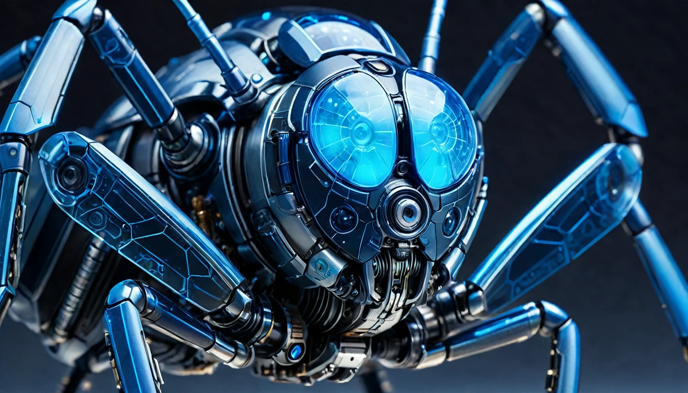 The future of macro photography for insects, Demonstrate complex mechanical parts,With glowing blue decoration, Composition of the whole body, High-tech schematic background, Under soft studio lighting, Photographed from top to bottom, On a Canon EOS 5D Mark IV with a 100mm macro lens, syd mead style.close up