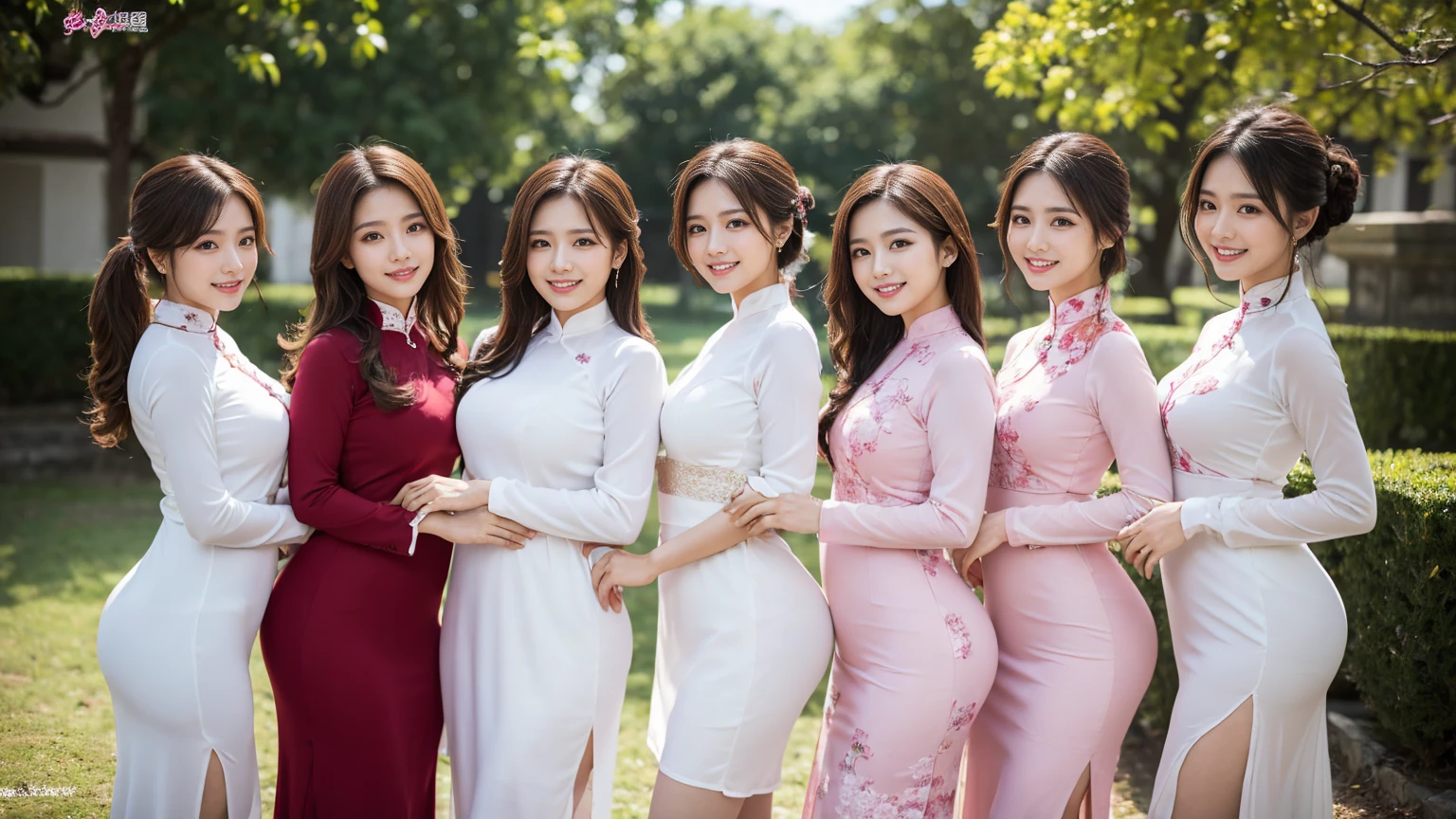 (highest quality、32K、masterpiece:1.3)、(Beautiful woman:1.2)、(5 girls:1.3)、(Full body photo:1.3)、24-years-old、Dark brown hair:1.1、ponytail、Highly detailed face、Lips Detail、Detailed Eyes、double eyelid、Saggy breasts、Visible curves、With skinny friends、Laughter、Happy smile、Bright photo、Accentuate your butt、looking at the camera、Ao Dai、Vietnamese costume、See-through panty lines