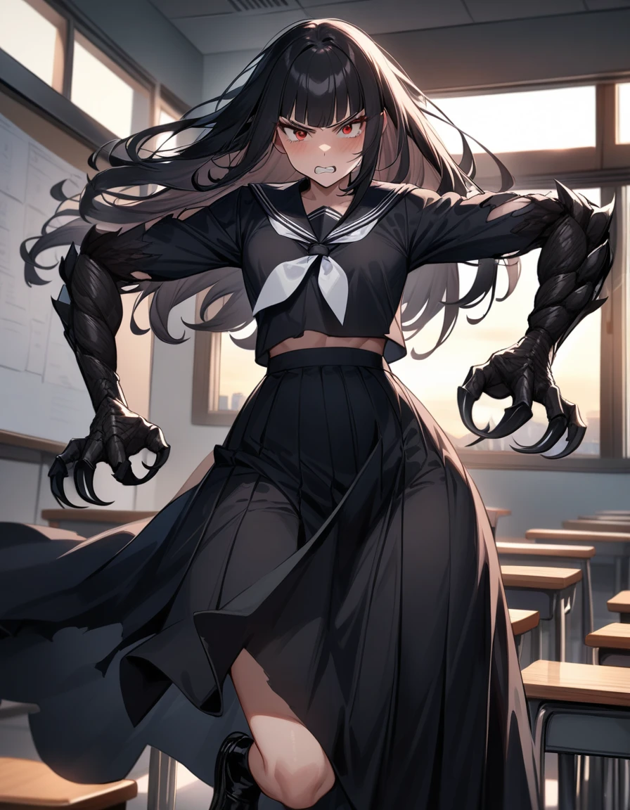 (masterpiece,best quality,very aesthetic),(ultra-detailed),nsfw,(atlach-nacha,degenerate),1girl,20yo,Statuesque,curvy,tall,long hair, black hair,straight hair,(blunt bangs),beautiful red eyes,glaring,clenching teeth,furious,Hate,Abdominal injury,vomiting blood,look down on with disdain,black serafuku in winter,long sleeves,(long skirt),white ribbon tie,torn clothes,painful,incoming attack,assaulting,swinging arm down at high speed,classroom,standing,on one knee,dusk sky,leather shoes,The setting sun is shining in the classroom,(black Claws with arms fused like spider arm:1.3),solo,looking at viewer,cowboy shot