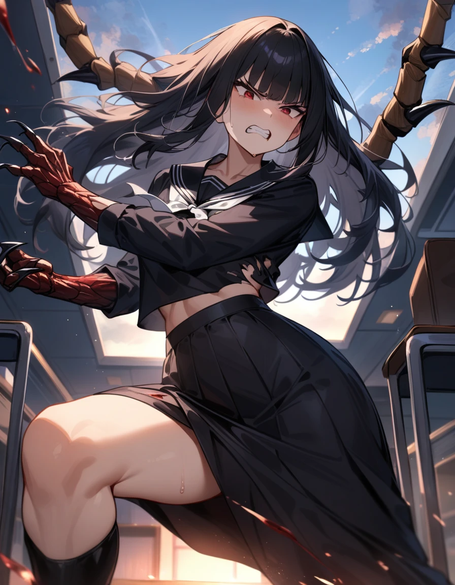 (masterpiece,best quality,very aesthetic),(ultra-detailed),nsfw,(atlach-nacha,degenerate),1girl,20yo,Statuesque,curvy,tall,long hair, black hair,straight hair,(blunt bangs),beautiful red eyes,glaring,clenching teeth,furious,Hate,Abdominal injury,vomiting blood,look down on with disdain,black serafuku in winter,long sleeves,(long skirt),white ribbon tie,torn clothes,painful,incoming attack,assaulting,swinging arm down at high speed,classroom,standing,on one knee,dusk sky,leather shoes,The setting sun is shining in the classroom,(black Claws with arms fused like spider arm:1.3),solo,looking at viewer,cowboy shot