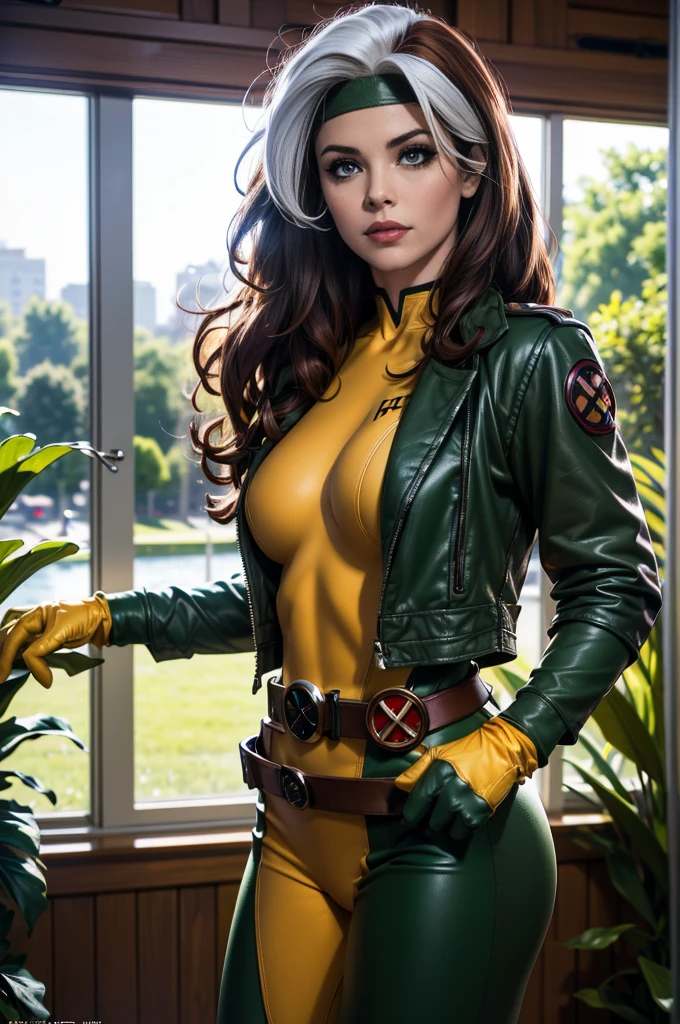 (masterpiece:1.0), (best_quality:1.2), (dark shot:1.3), Rogue from X-Men, 1 girl, Only 1, cowboy shot, looking to the side, candid, medium length hair, auburn hair, wavy hair, messy hair, one lock of white hair, green eyes, headband, jacket, gloves, belt, boots, sultry look, sexy smirk, fit figure, medium breasts, lipstick, makeup, light source from above, (realism: 1.5), (Realistic: 1.4), (Absurdity:1.4), 8k, ultra-detailed, Detailed Beautiful Woman, very physically fit girl, standing in a mansion conservatory, bright sunlight, arched windows, colorful plants, official art, extremely detailed CG unity 8k wallpaper, perfect lighting, Colorful, ultra high res, photography, 8K, HDR, Kodak portra 400, film grain, blurry background, (bokeh:1.2), (vibrant_color:1.2), film grain:1.2, (warm hue, warm tone:1.2), (color photo), professional photograph