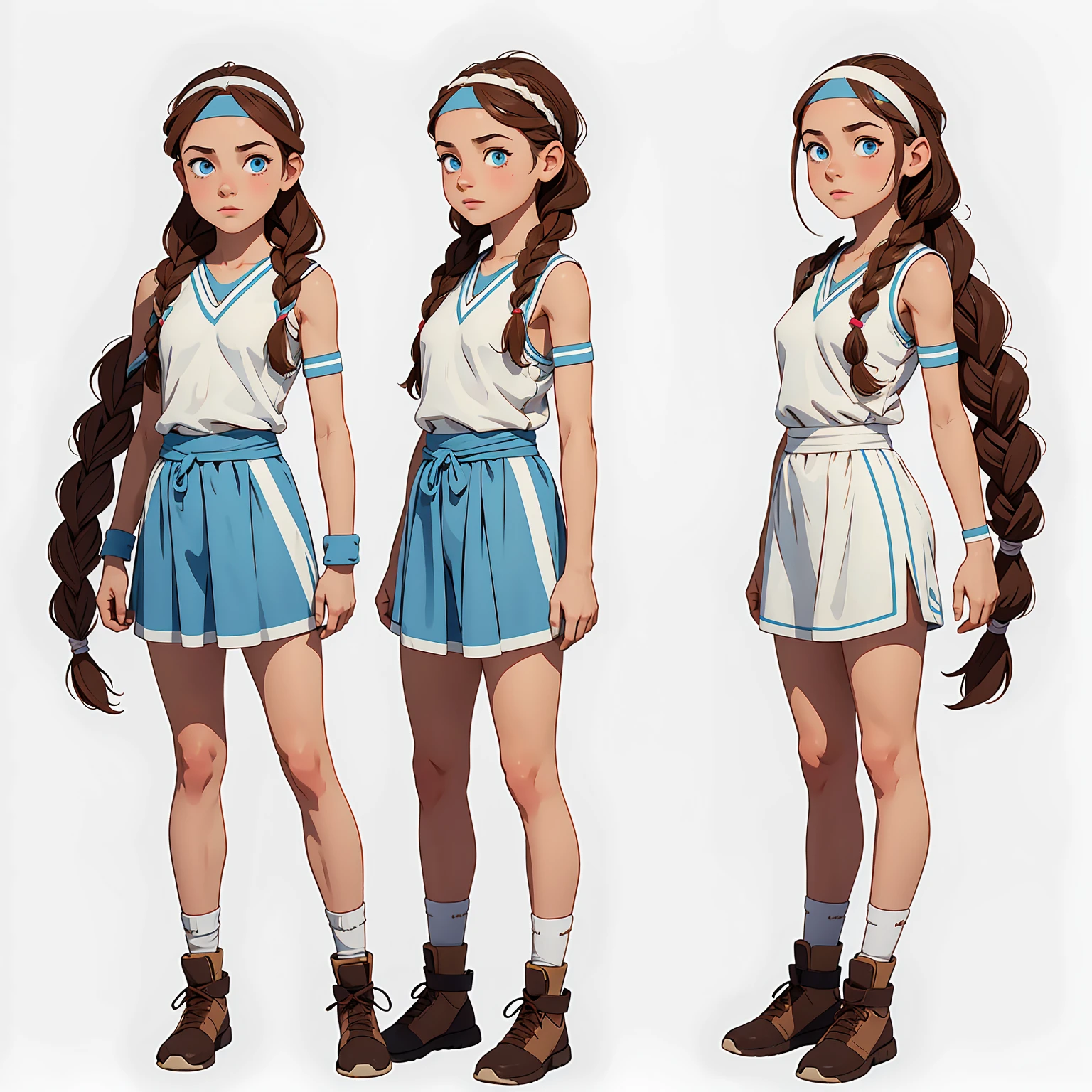 image split vertically in three, full body on the picture, standing italian girl 15 years old, small breast, light blue eyes, brown hair, headband and braids, white background