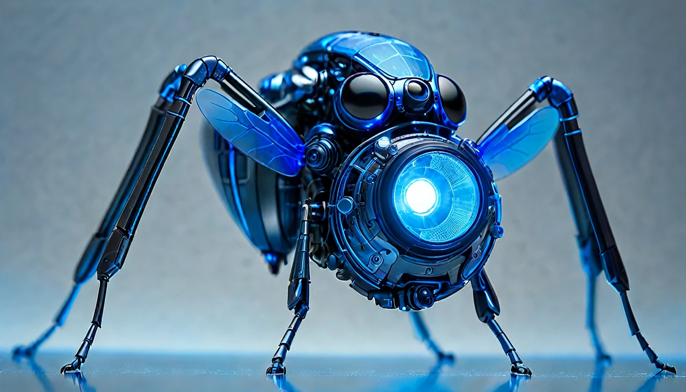 The future of macro photography for insects, Demonstrate complex mechanical parts,With glowing blue decoration, Composition of the whole body, High-tech schematic background, Under soft studio lighting, Photographed from top to bottom, On a Canon EOS 5D Mark IV with a 100mm macro lens, syd mead style.close up
