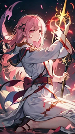 Offensive priestess, attack, staff, magical, fantasy, blood, war, summer, anger, Psychedelics effects, pink